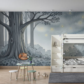 Forest fox wallpaper creating magical bedtime atmosphere in kids bedroom