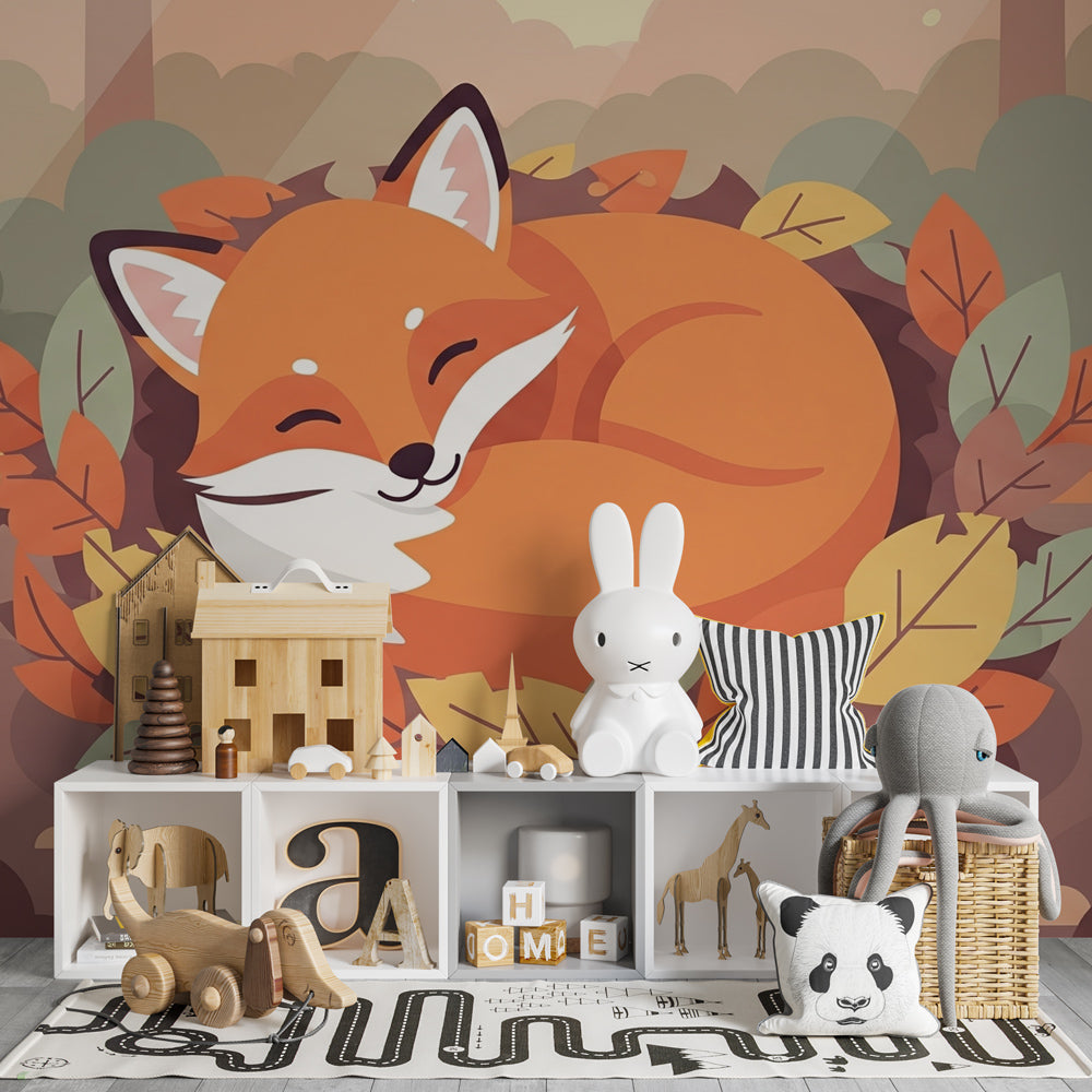 Forest theme fox wallpaper with natural wood furniture in children's room by Kids-Mundo