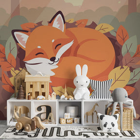 Forest theme fox wallpaper with natural wood furniture in children's room by Kids-Mundo