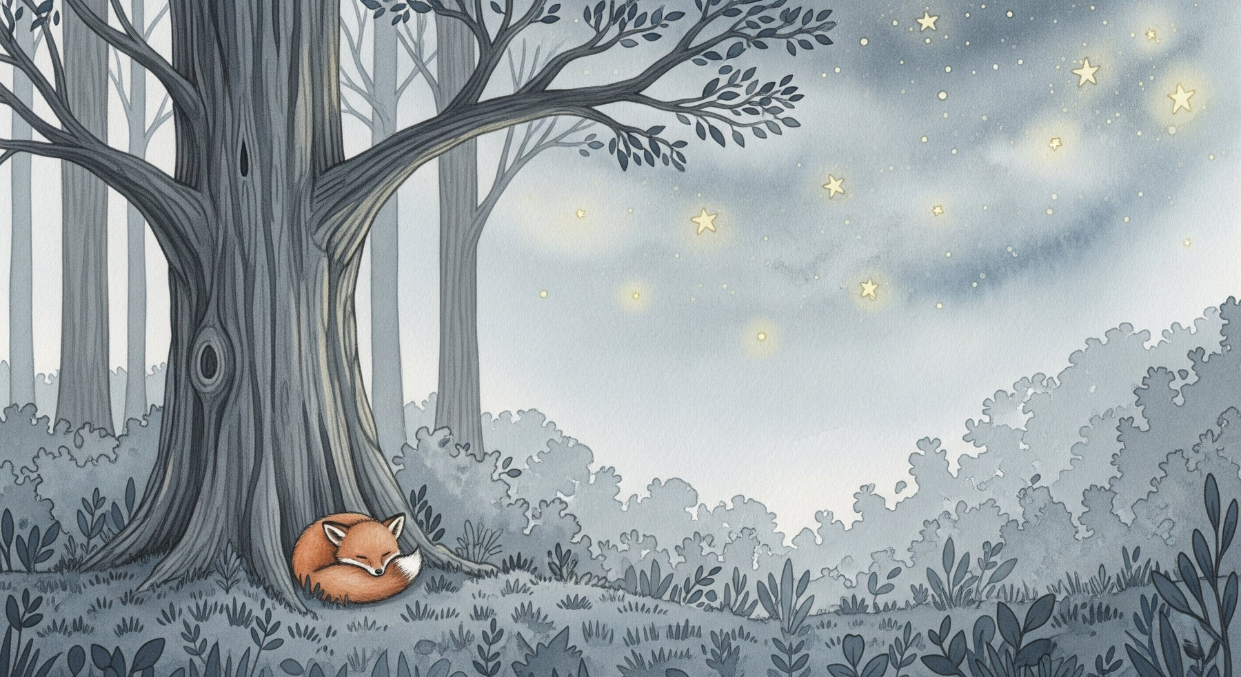 Detailed sleeping fox under stars mural wallpaper design pattern by Kids-Mundo