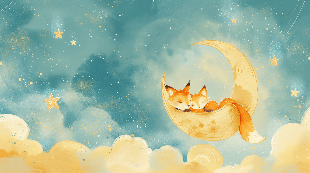 Detailed sleeping fox on crescent moon mural wallpaper design pattern by Kids-Mundo
