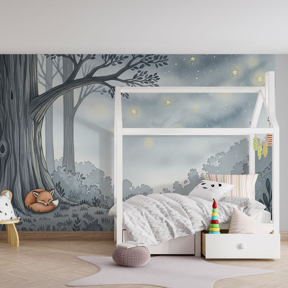 Starry forest animal wallpaper transforming children's room into dreamy sanctuary