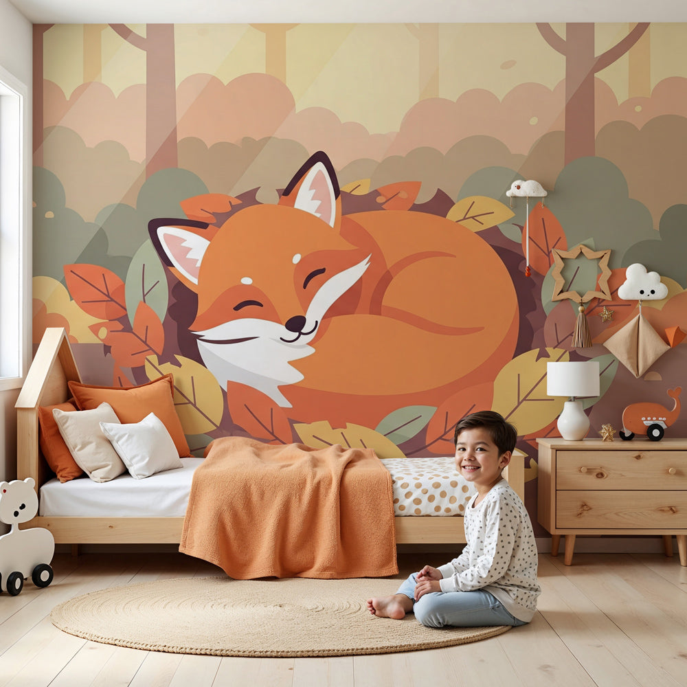 Sleeping fox forest mural wallpaper in cozy nursery with natural wood crib by Kids-Mundo