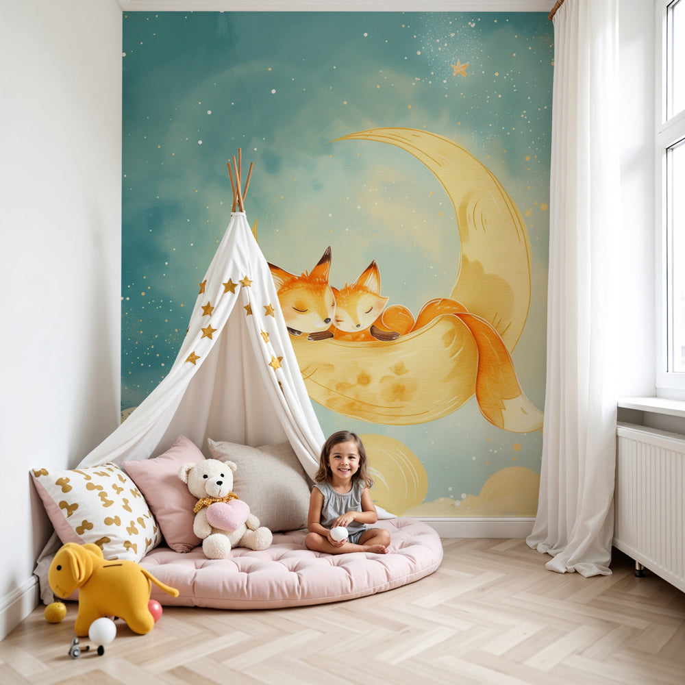 Sleeping fox mural wallpaper with moon and stars creating magical nursery atmosphere by Kids-Mundo