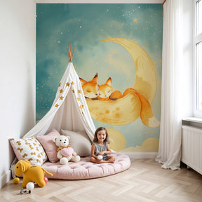 Sleeping fox mural wallpaper with moon and stars creating magical nursery atmosphere by Kids-Mundo