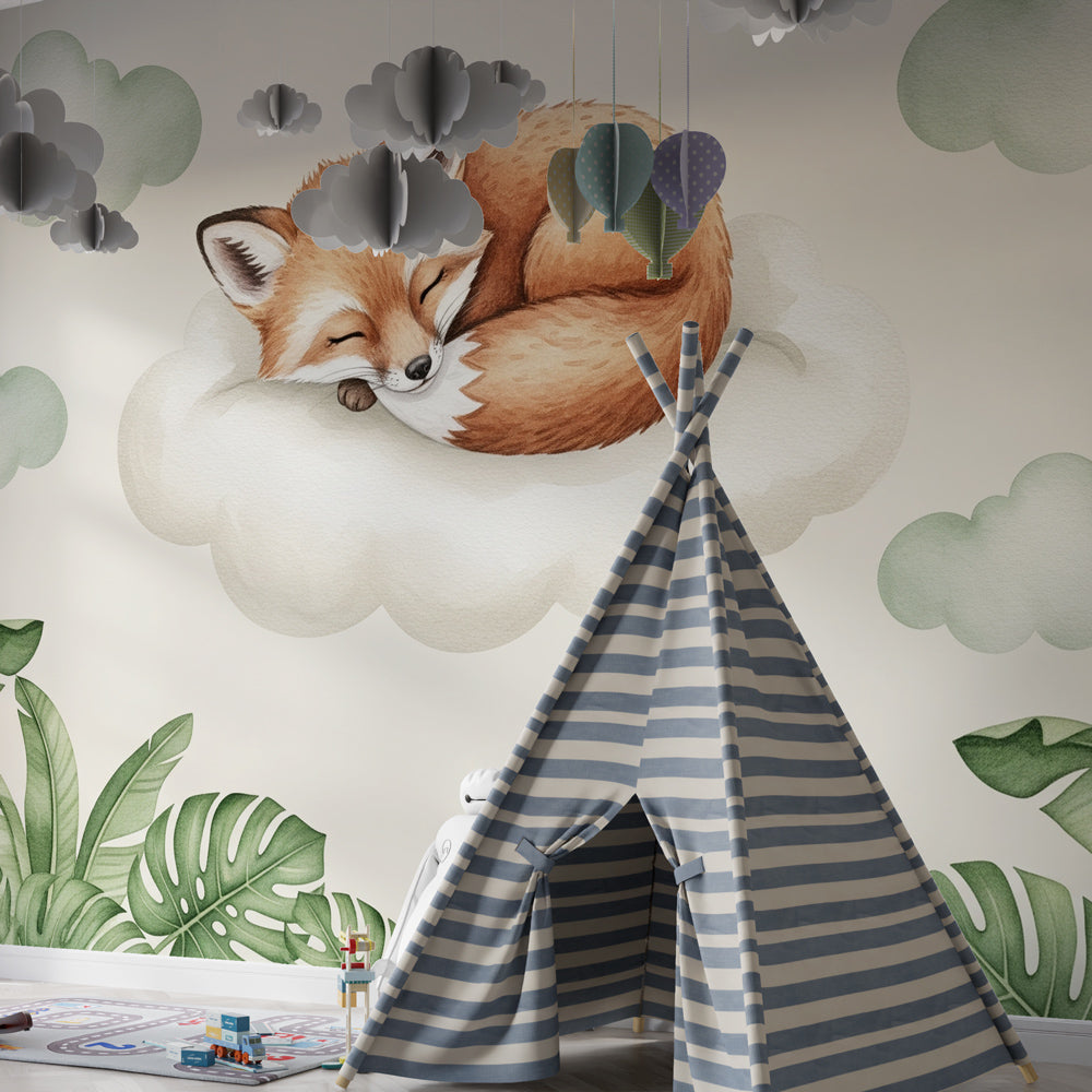 Woodland fox mural wallpaper with clouds in cozy toddler room by Kids-Mundo