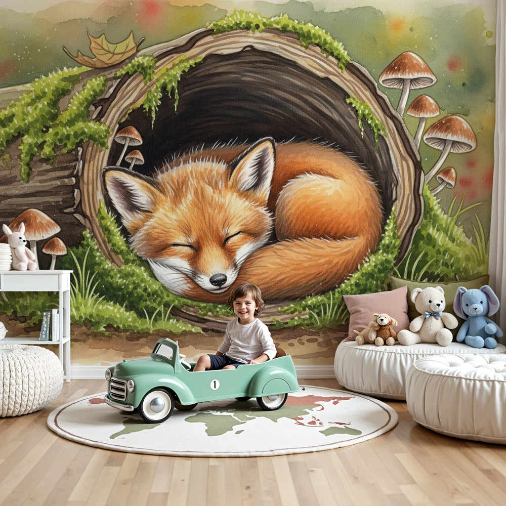 Sleeping fox mural wallpaper in cozy woodland nursery with natural wood furniture by Kids-Mundo