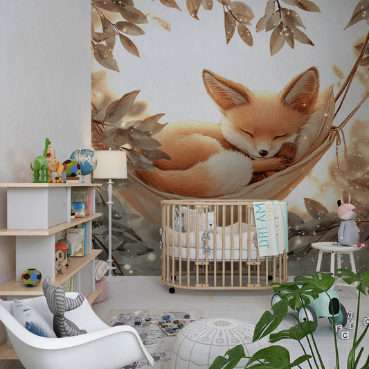 Kids-Mundo sleeping baby fox mural decorating a cosy toddler bedroom feature wall