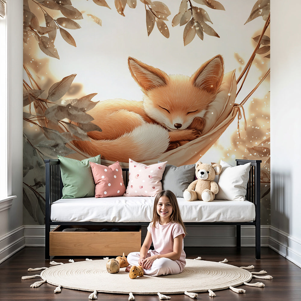 Kids-Mundo sleeping fox wall mural styled in a warm pastel baby nursery