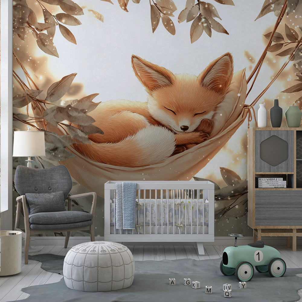 Kids-Mundo woodland fox hammock mural brightening a calm children's playroom wall