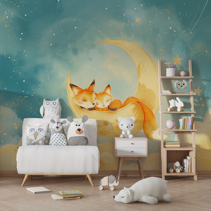 Kids-Mundo fox and moon wall mural bringing a dreamy night sky to a kids' bedroom