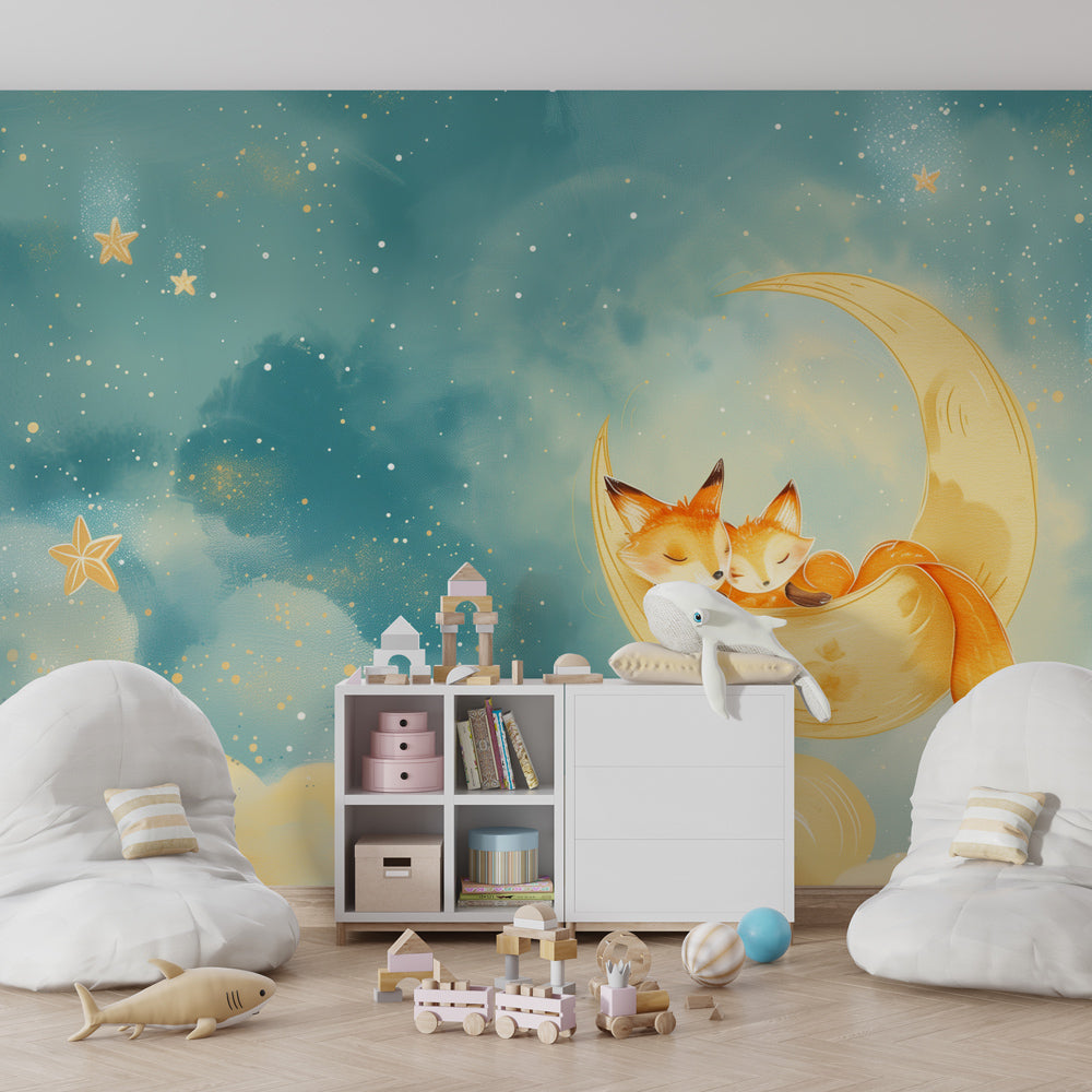 Kids-Mundo starry fox wall mural adding a calm, dreamy scene to a playroom