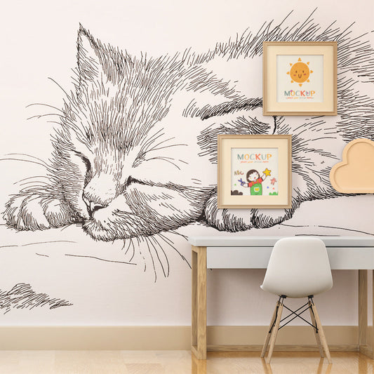 Kids-Mundo kitten sketch wall mural covering a feature wall in a kids bedroom