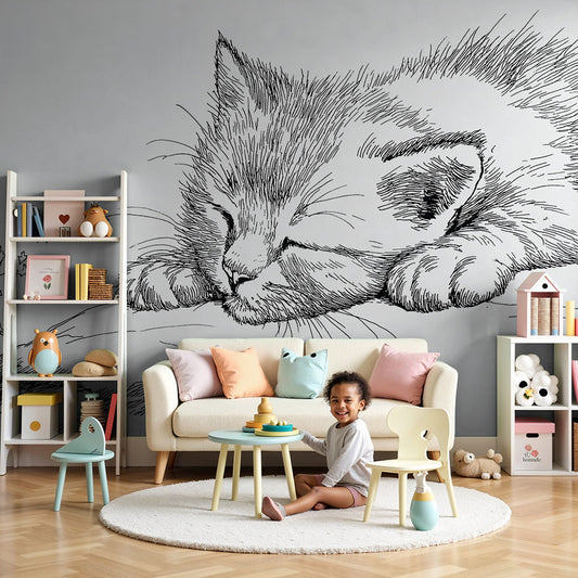 Kids-Mundo sleeping kitten sketch wall mural made to measure in a calm nursery