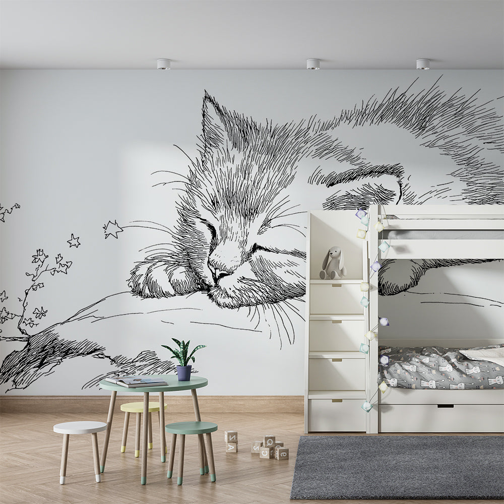 Kids-Mundo sleeping kitten mural styled above a cushioned reading nook in a playroom
