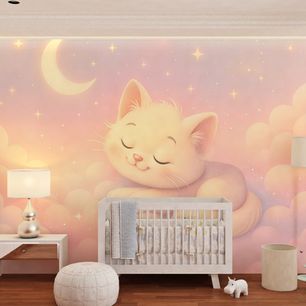 Kids-Mundo starry kitten mural on a feature wall in a girl's kids bedroom