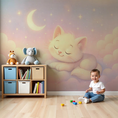 Kids-Mundo sleeping kitten wall mural above a cot in a soft pastel nursery