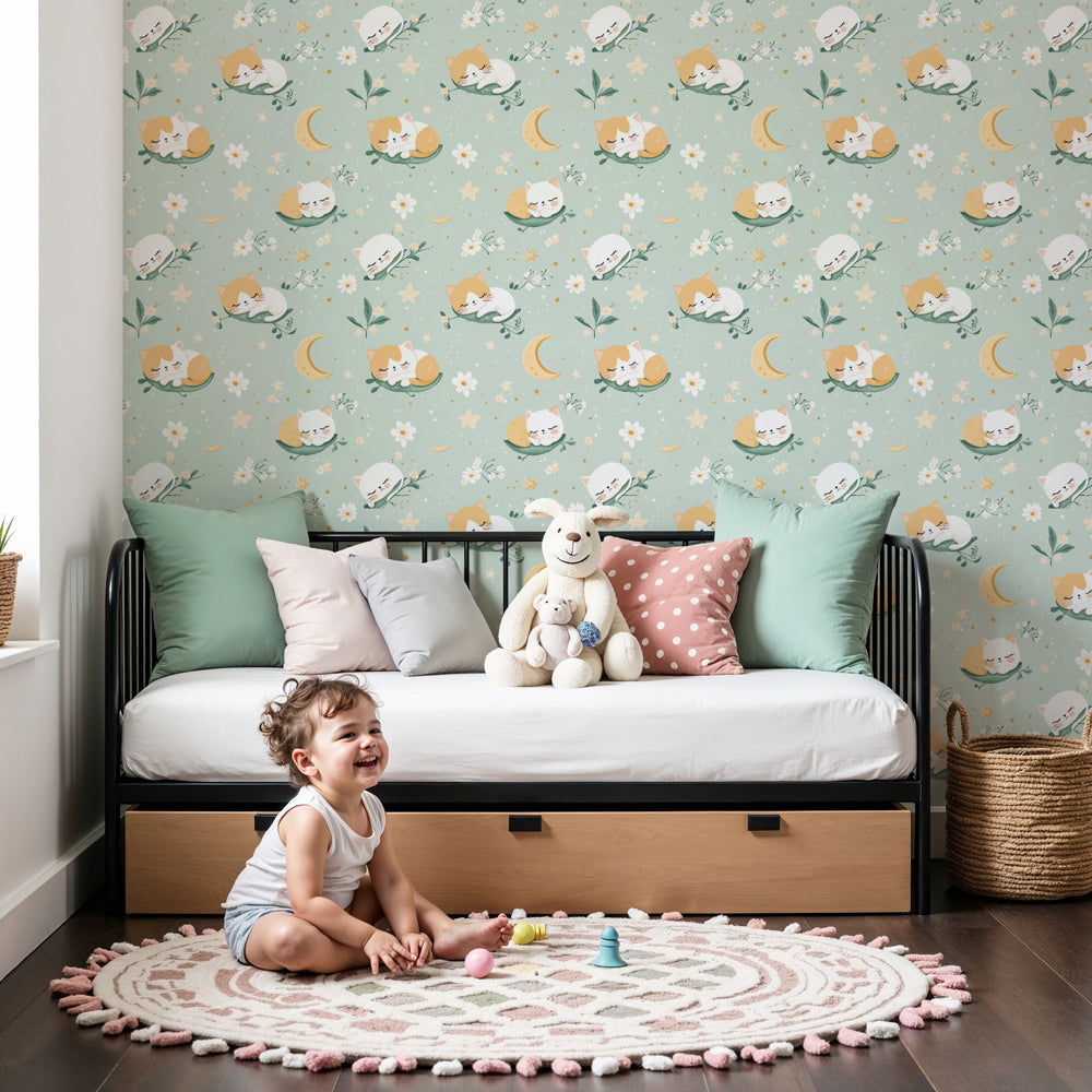 Sleeping kittens mural wallpaper in cozy nursery with starry night theme by Kids-Mundo