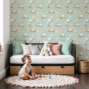Sleeping kittens mural wallpaper in cozy nursery with starry night theme by Kids-Mundo