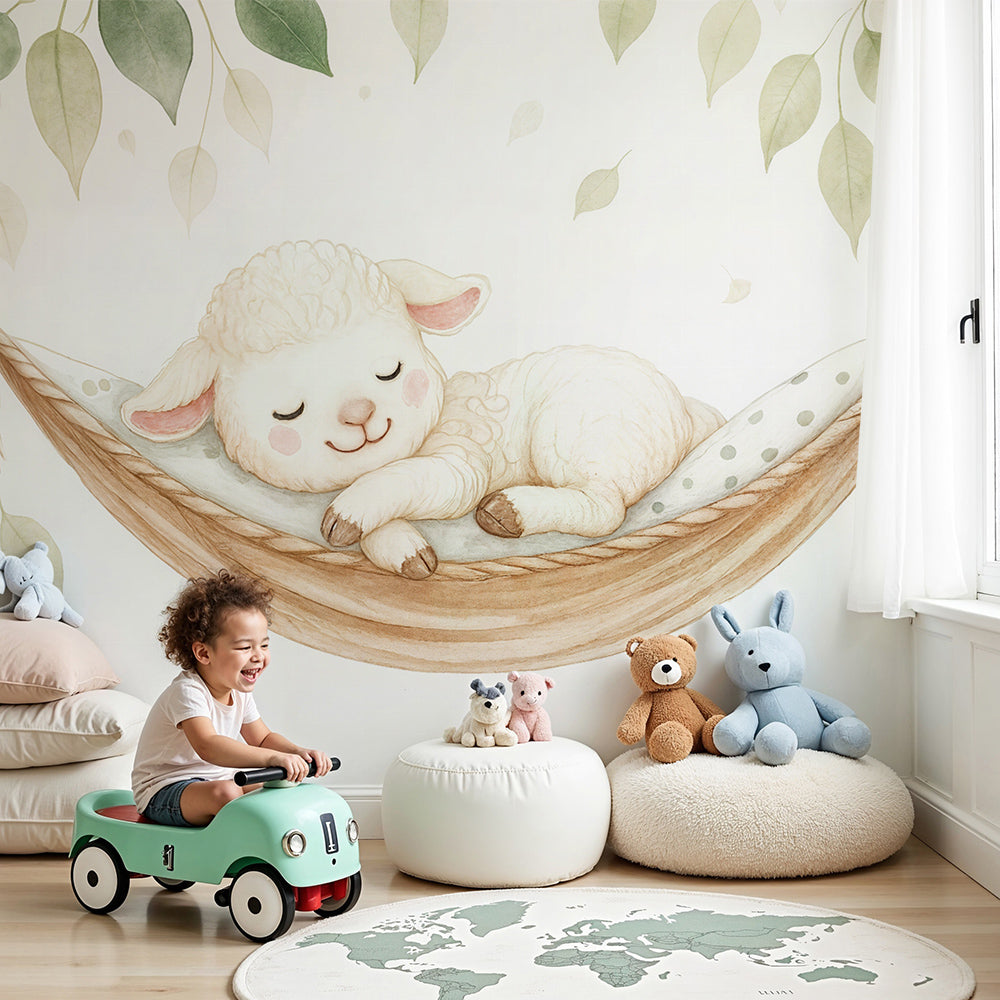 Kids-Mundo sleeping lamb wall mural in a warm, cosy baby nursery with hanging leaves