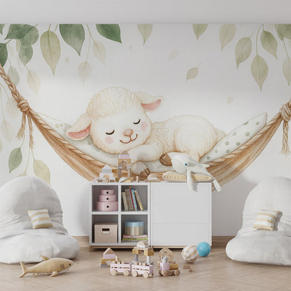Kids-Mundo watercolour lamb wall mural featured in a soft, bright children's playroom