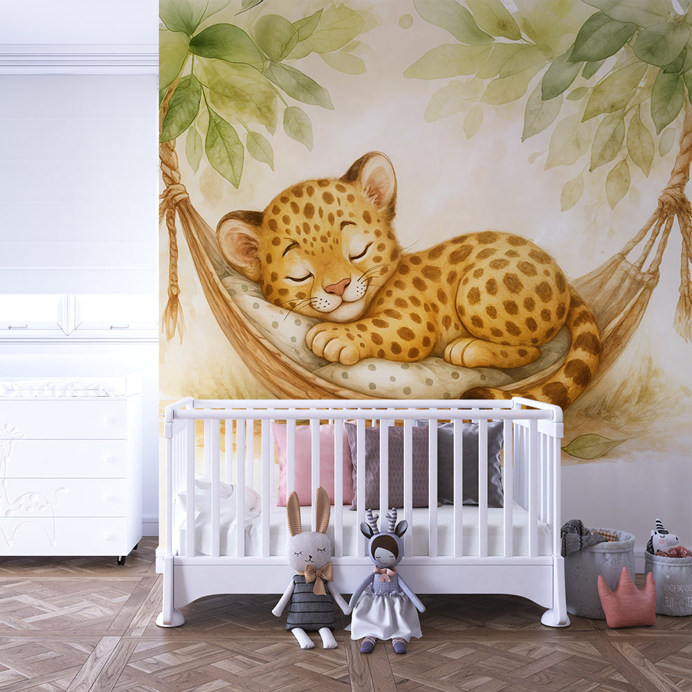 Kids-Mundo sleepy leopard cub wall mural covering a feature wall in a toddler's bedroom.