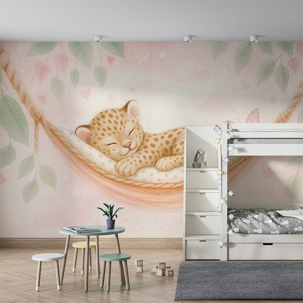 Kids-Mundo leopard cub hammock wall mural shown on a kids bedroom wall behind a bed.