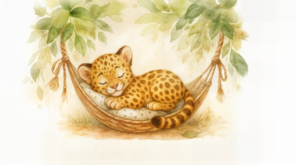 Kids-Mundo flat artwork of a sleeping baby leopard in a hammock wall mural design.