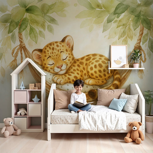 Kids-Mundo sleeping baby leopard hammock wall mural in a warm, cosy nursery.