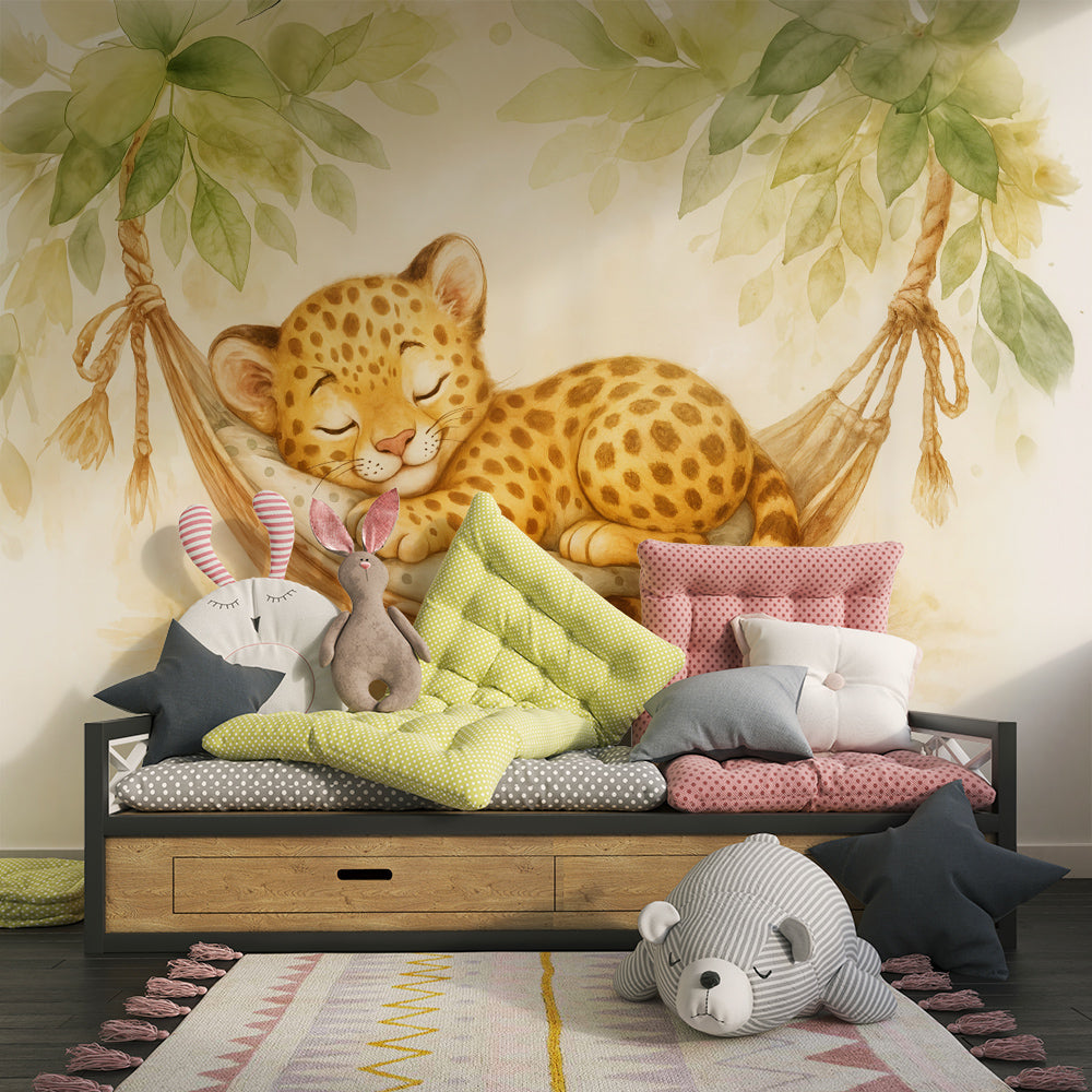 Kids-Mundo watercolour leopard hammock mural bringing a calm corner to a children's playroom.
