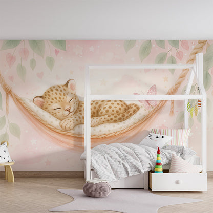 Kids-Mundo sleeping leopard wall mural styled in a bright children's playroom.