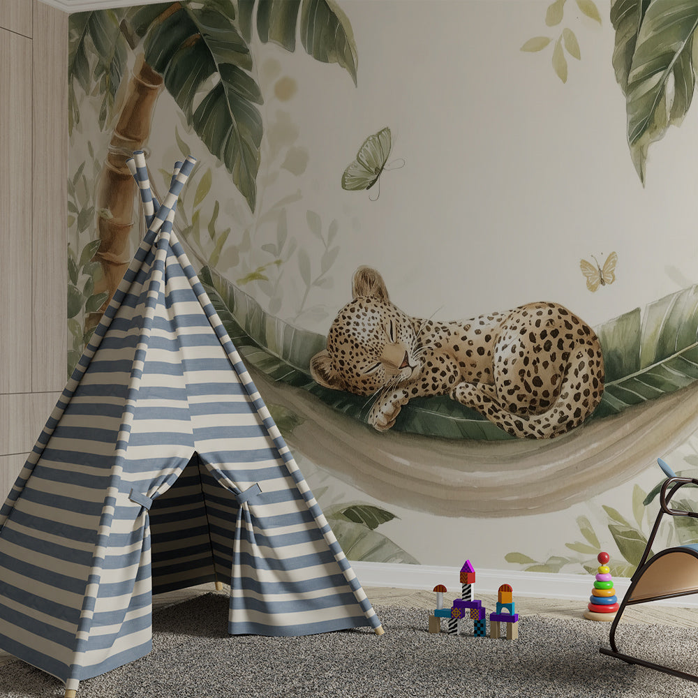 Kids-Mundo leopard hammock wall mural installed above a bed in a cosy children's bedroom