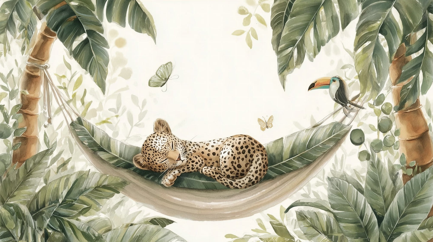 Flat artwork preview of the Kids-Mundo sleeping leopard jungle hammock wall mural design
