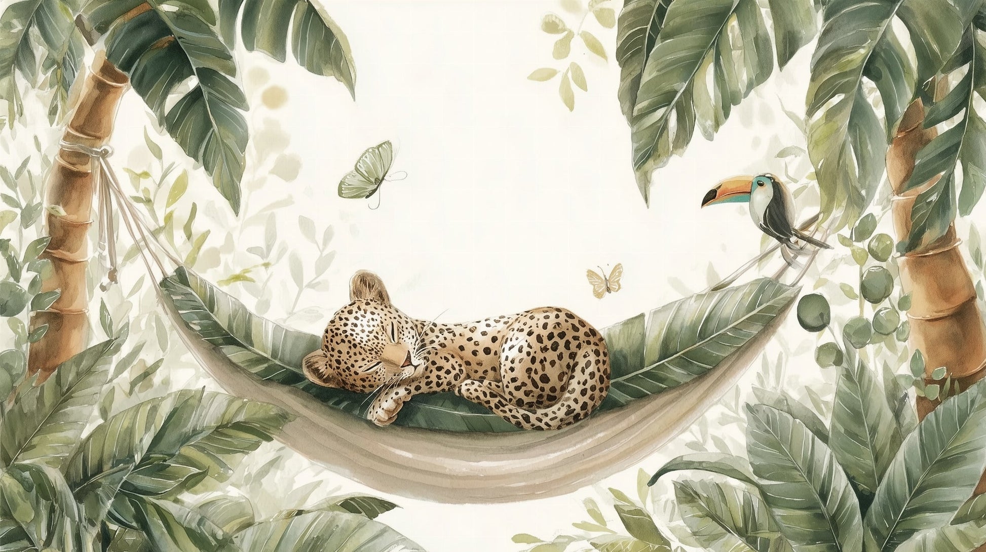 Flat artwork preview of the Kids-Mundo sleeping leopard jungle hammock wall mural design