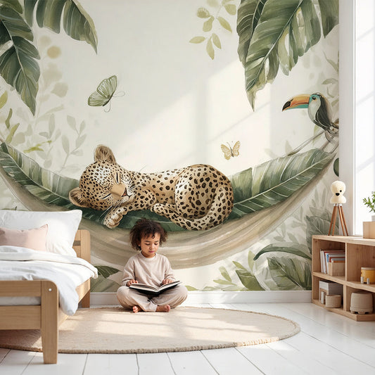 Sleeping leopard jungle wall mural by Kids-Mundo styled in a calm nursery with soft green tones