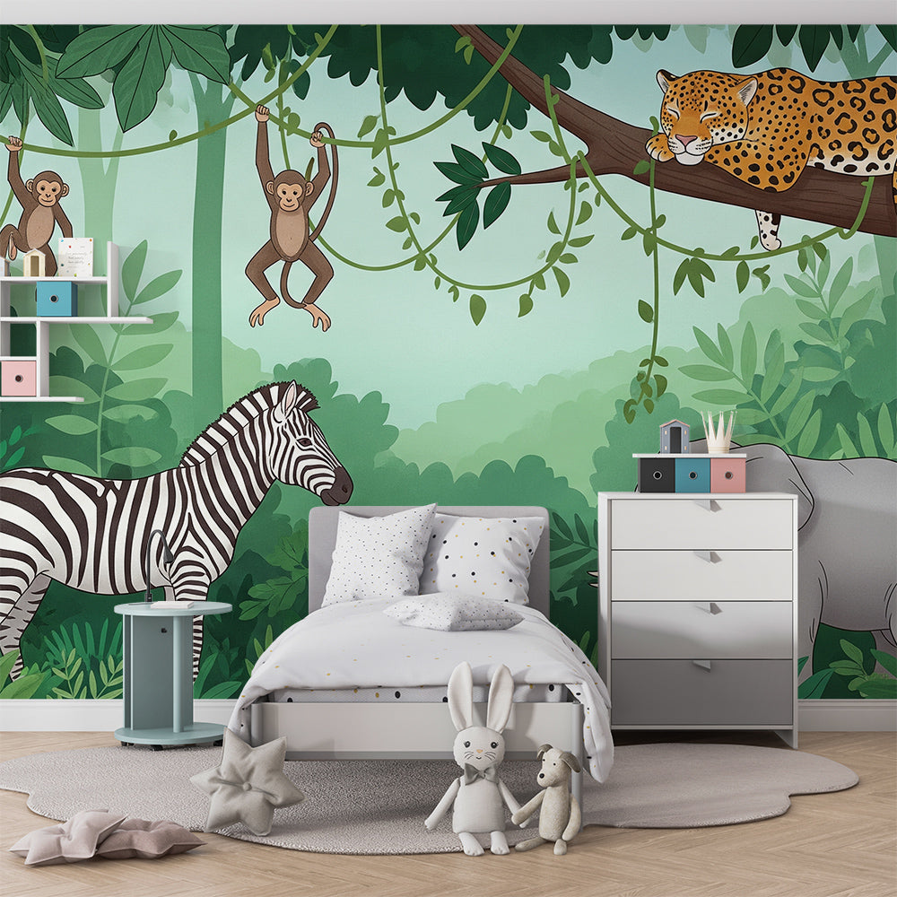 Kids-Mundo jungle wall mural with leopard, monkeys and elephant in a child's bedroom