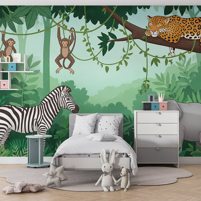 Kids-Mundo jungle wall mural with leopard, monkeys and elephant in a child's bedroom