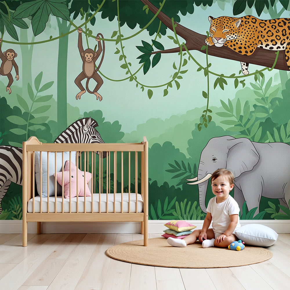 Kids-Mundo sleeping leopard jungle wall mural styled behind a cot in a green nursery