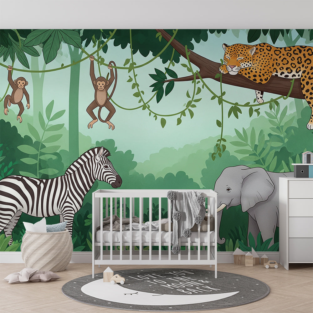 Kids-Mundo jungle animal wall mural with zebra and elephant in a kids' playroom