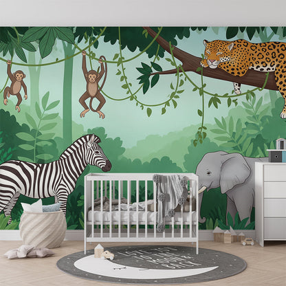 Kids-Mundo jungle animal wall mural with zebra and elephant in a kids' playroom
