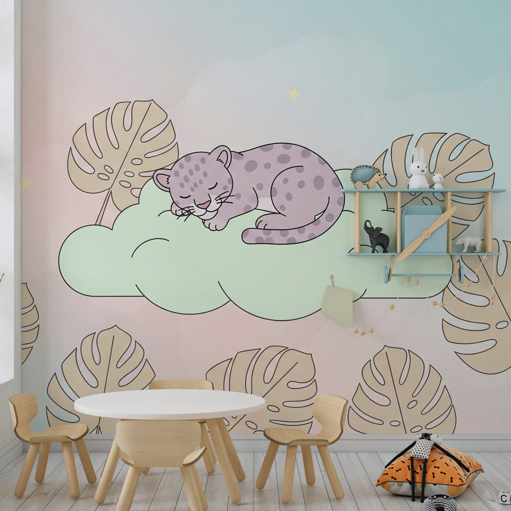 Animal mural wallpaper with sleeping leopard and stars for cozy nursery interior design