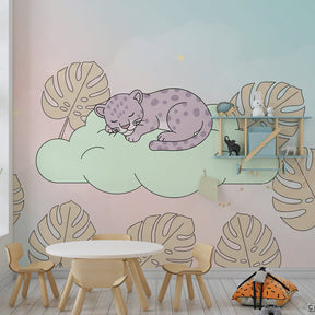 Animal mural wallpaper with sleeping leopard and stars for cozy nursery interior design