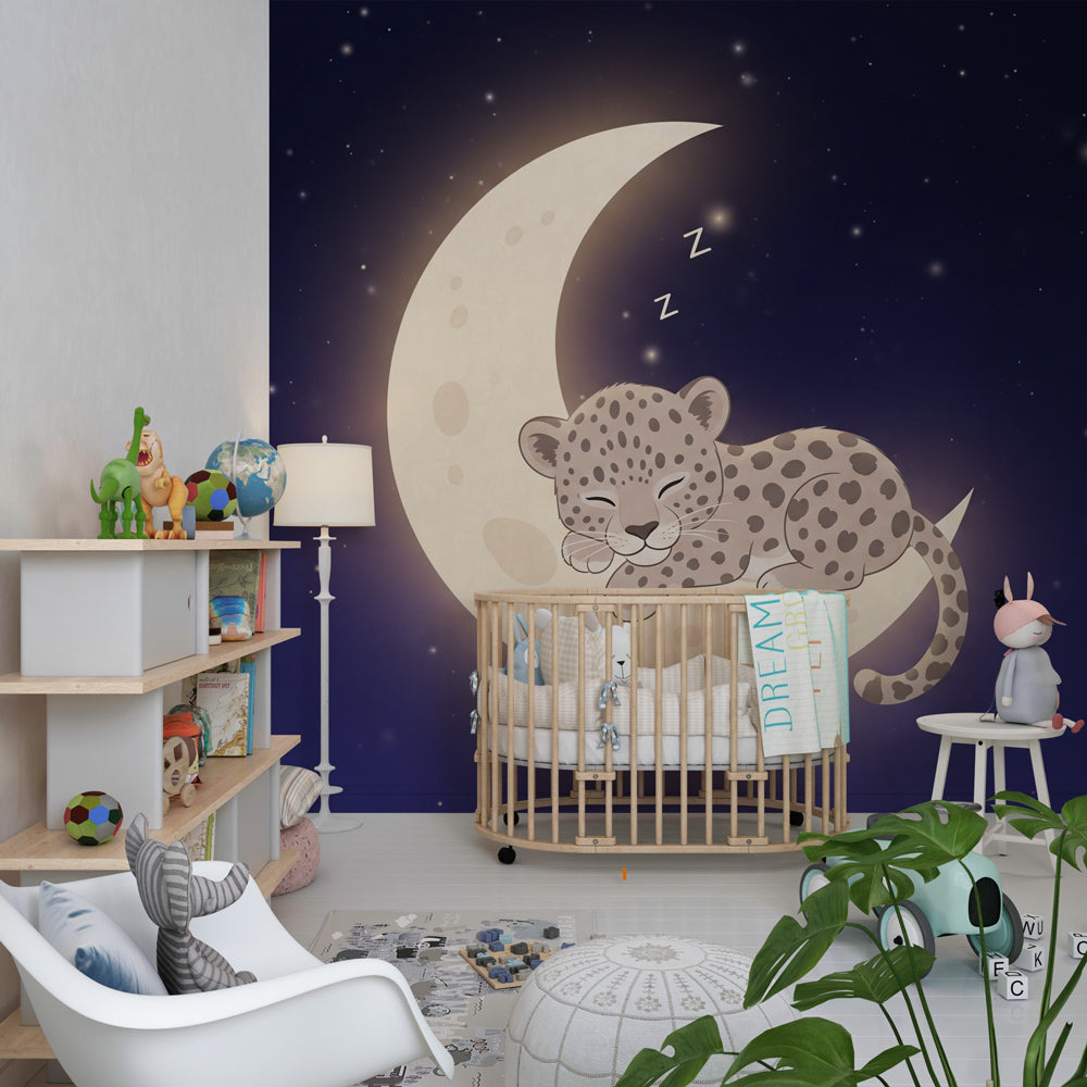Baby leopard moon wallpaper creating dreamy atmosphere in children's bedroom decor