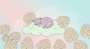 Detailed sleeping leopard on cloud mural wallpaper design pattern with monstera leaves by Kids-Mundo
