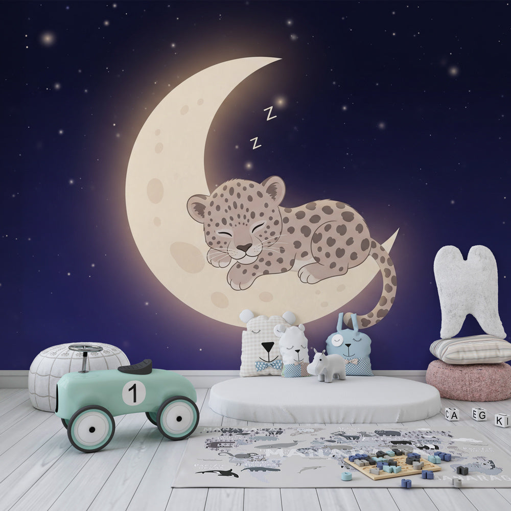 Starry night leopard mural wallpaper for cozy baby room with magical moon theme