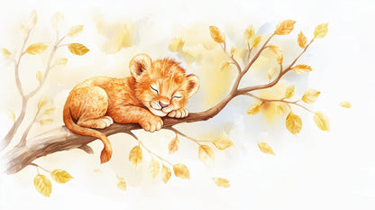 Kids-Mundo sleeping lion cub and golden leaves wall mural artwork shown in full