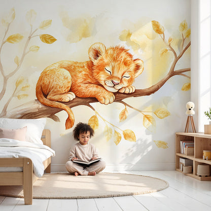Kids-Mundo sleeping lion cub branch wall mural styled in a warm neutral nursery