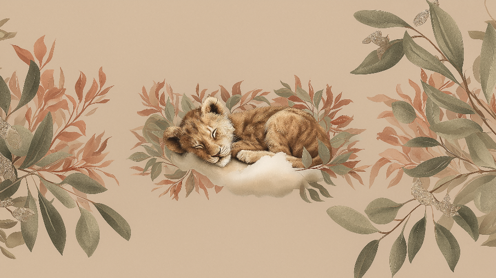 Kids-Mundo flat artwork of a sleeping lion cub among taupe and sage leaves for this wall mural