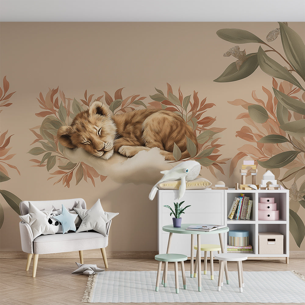 Kids-Mundo taupe lion cub wall mural bringing gentle warmth to a children's playroom