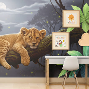 Moonlit lion wallpaper transforming children's bedroom into dreamy sanctuary